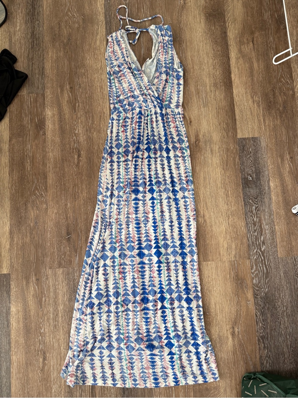 Renee C. Blue & Cream Geometric Halter Maxi Dress